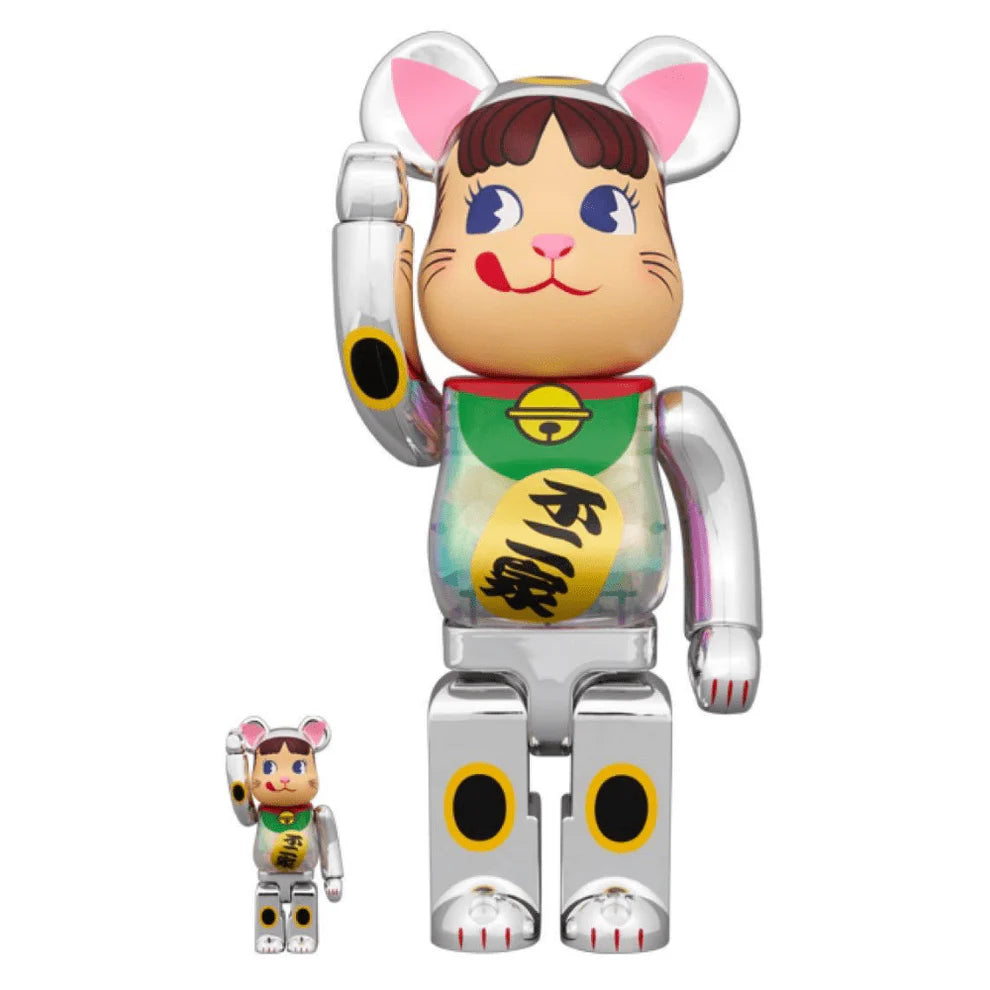100% & 400% BE@RBRICK 招き猫 ペコちゃん 銀メッキ 蓄光ミルキー入り