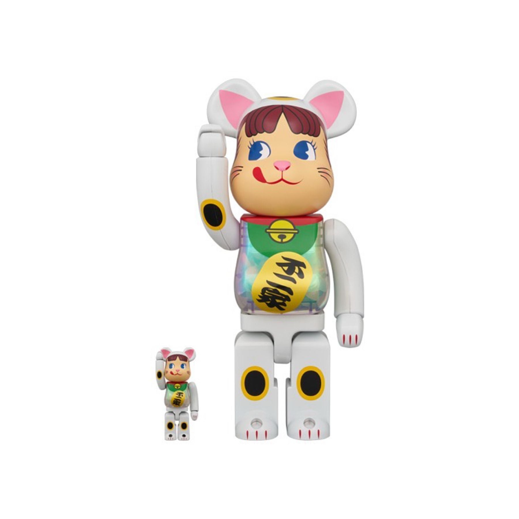 100% & 400% BE@RBRICK 招き猫 ペコちゃん 白メッキ 蓄光ミルキー入り