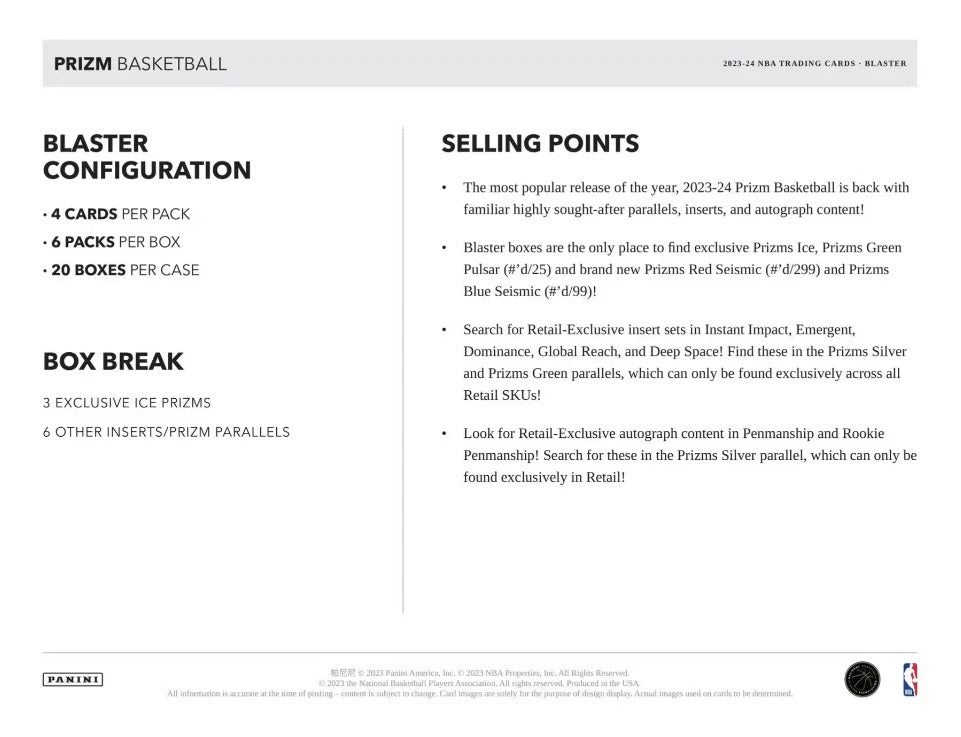 2023-24 Panini Prizm Basketball Blaster Box (Ice Prizm)