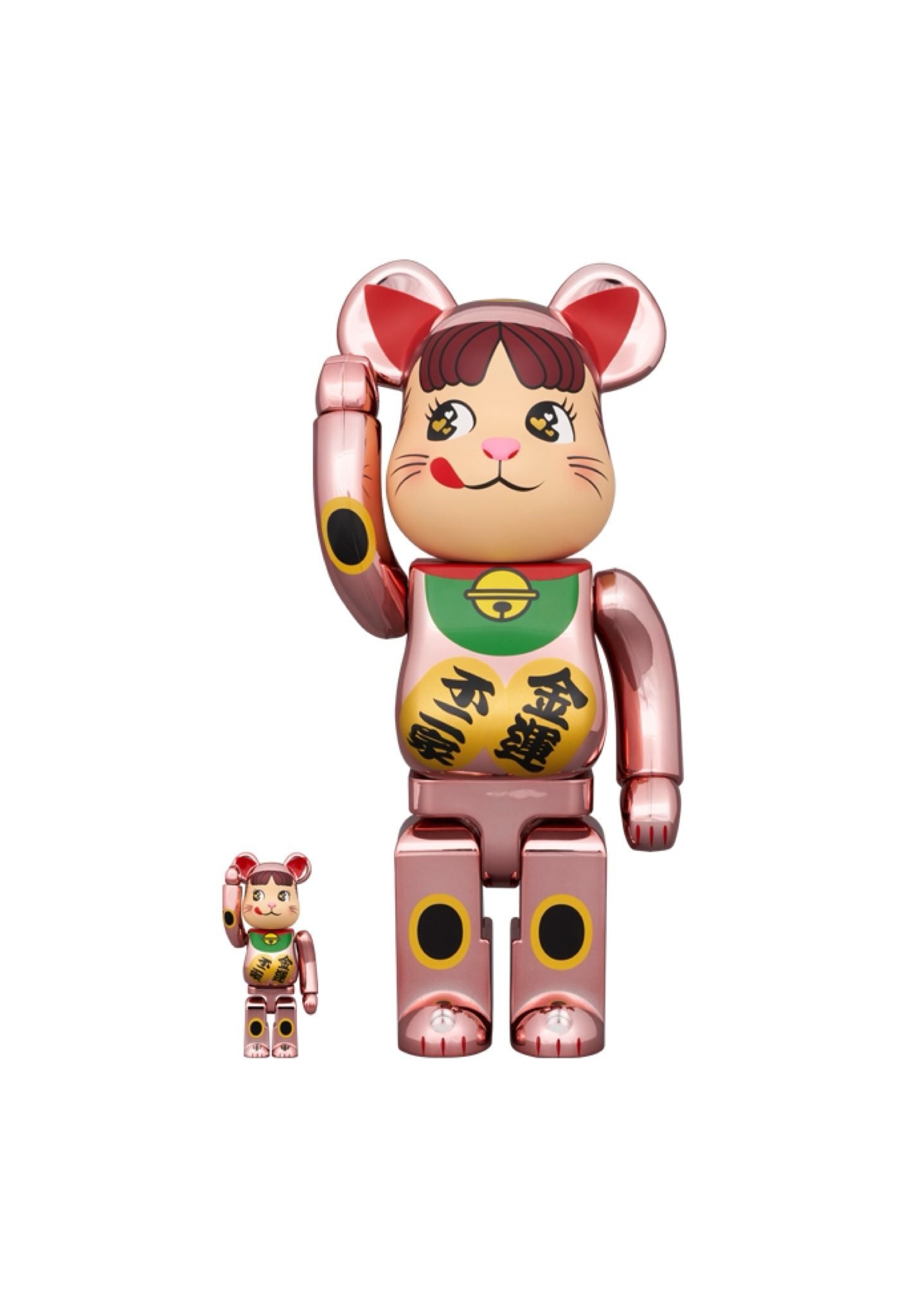100% & 400% BE@RBRICK 招き猫 ペコちゃん 金運 ダブル小判 桃金メッキ
