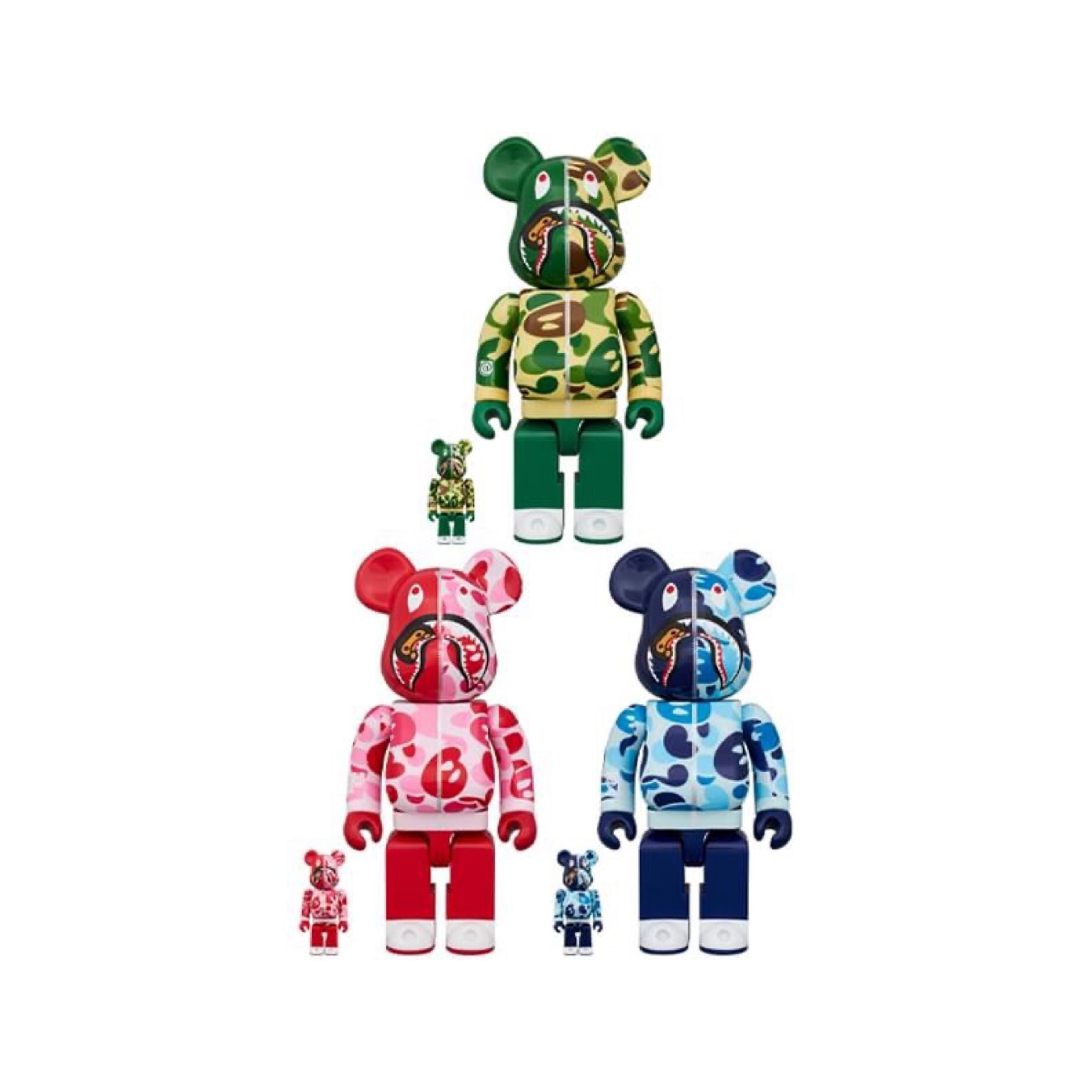 Set of 3pcs 100% & 400% BE@RBRICK BABY MILO(R) CAMO SHARK (Green/Pink/Blue)