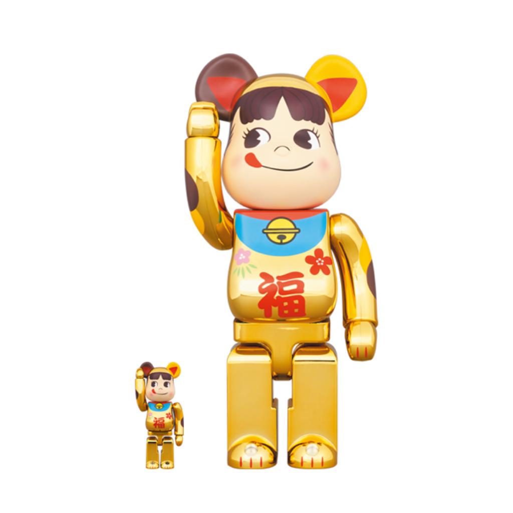 100% & 400% Be@rbrick 招き猫 ペコちゃん 福 金メッキ (金福牛奶妹 Peko Chan)
