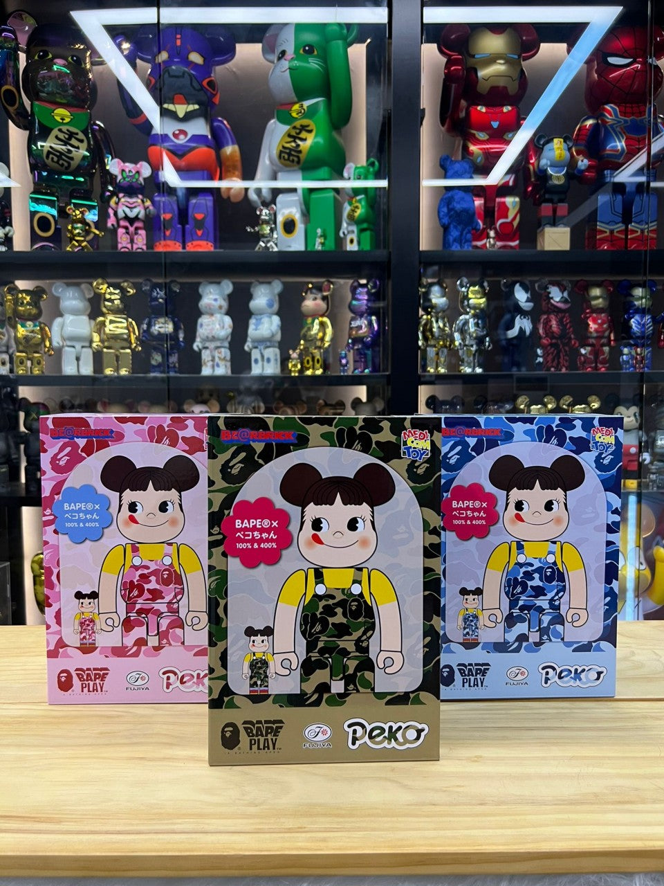 Set of 3pcs 100% & 400% Be@rbrick BAPE(R) 不二家 牛奶妹 ペコちゃん Blue / Green / Pink