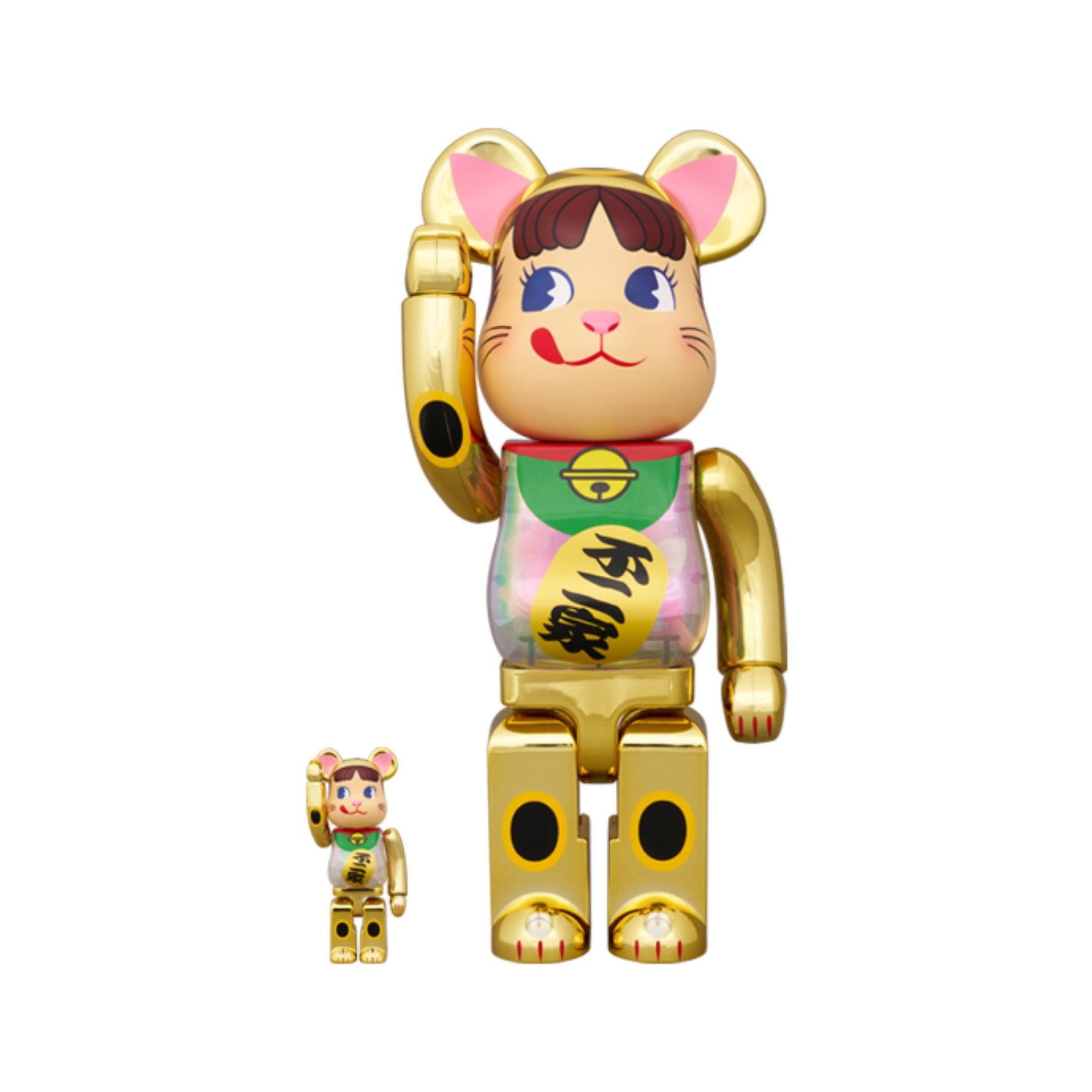 100％ & 400％ BE@RBRICK 招き猫 ペコちゃん 金メッキ 蓄光ミルキー入り