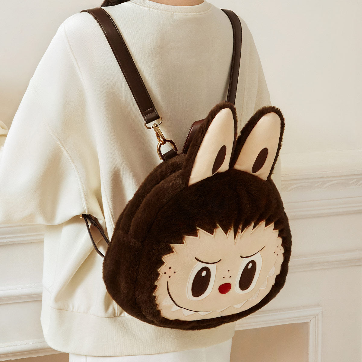 POP MART Classic Bag Series- labubu Big Head Backpack 大頭雙肩包毛絨包棕色