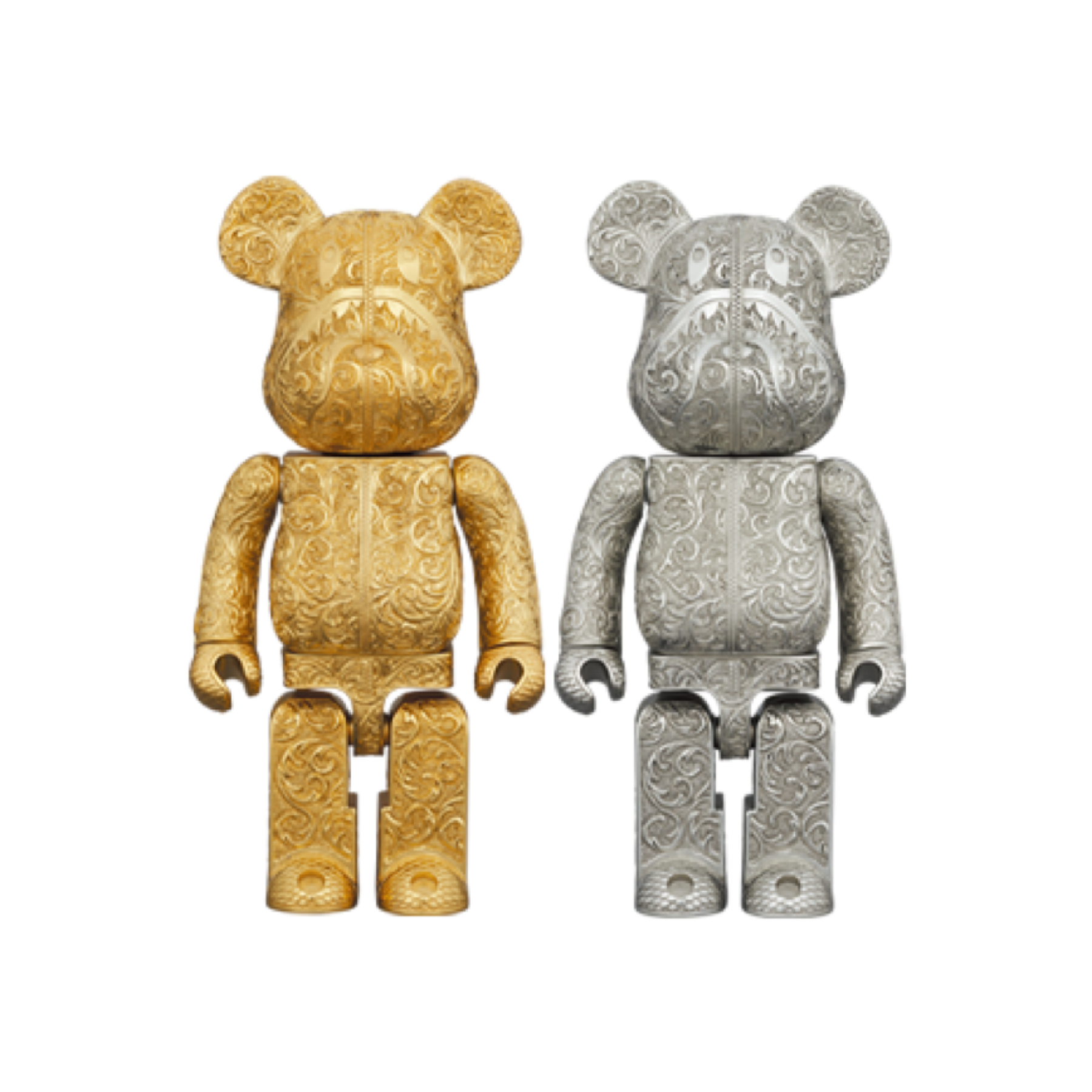 Set of 2pcs 400％ Be@rbrick BAPE(R) Shark Royal Selangor Silver & Gold